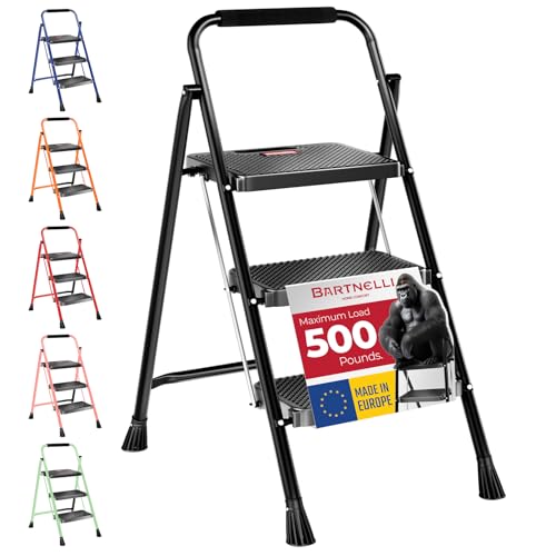 Bartnelli Pro Luxury Step Ladder | European Made 3 Step Foldable Step Stool for Home | Rock-Solid 500 lb Capacity,Built to Last with Highest-Grade Sturdy Steel Construction,Soft Handle, Anti-Slip Feet