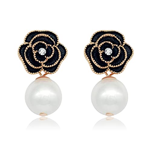 Fashion Design Faux Pearl Charm Flower Dangle Drop Earrings Studs For Women (Black)