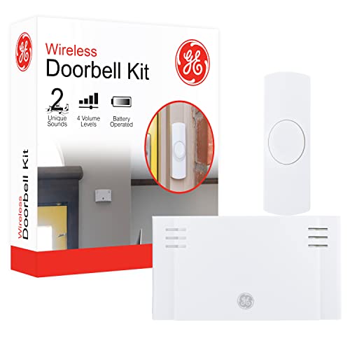 GE Wireless Doorbell Kit, 1 Push Button Door Bells for Homes, 2 Melodies Door Chime with 4 Volume Levels, Battery Doorbell Chime, Room Doorbell with 150 Ft Range, White, 19247