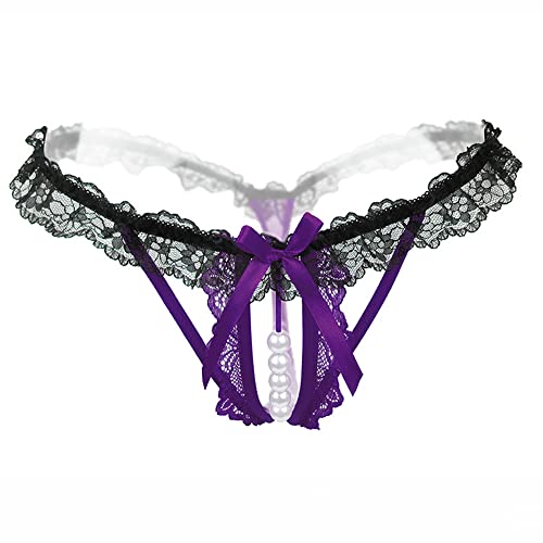 Sekexi Women’s Sexy Panties,Lace G-String Panties for Women Thongs G Strings with Pearls Ball Lace (purple)