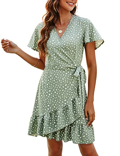 Naggoo Summer Dress for Women Short Wrap Dress Country Dress Sage Green S