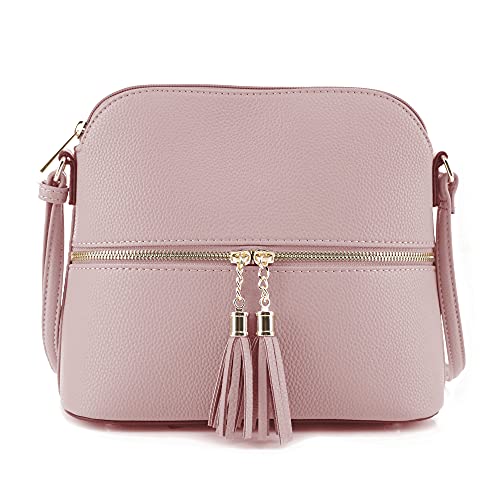 SG SUGU Lunar Lightweight Medium Dome Crossbody Bag Shoulder Bag with Double Tassels | Zipper Pocket | Adjustable Strap|Blush