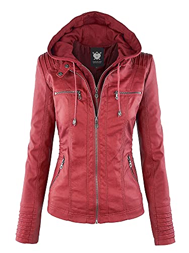 Lock and Love LL WJC663 Womens Removable Hoodie Motorcyle Jacket M RED