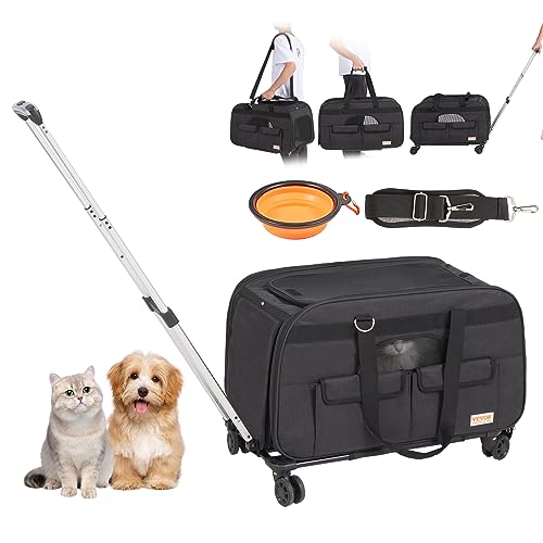 VEVOR Large Dog Cat Carrier with Wheels for upto 35lbs, Rolling Pet Carrier with Detachable Rod Platform and Upgraded Wheels, Foldable Dog Travel Carrier with Detachable Trolley&Upgraded Wheels, Black