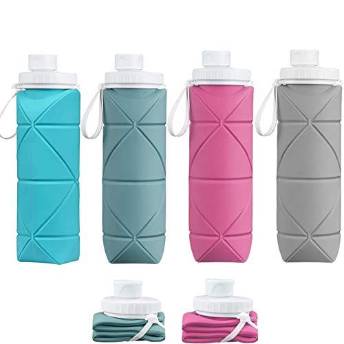 SPECIAL MADE Collapsible Water Bottles Leakproof Valve Reusable BPA Free Silicone Foldable Water Bottle for Gym Camping Hiking Travel Sports Lightweight Durable 20oz (4 color mix 1nd version)