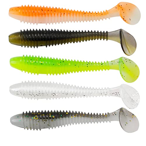 ZRUOYI Paddle Tail Swimbaits 2 Inch Two-Tone Color Swim Baits 40 Pcs Fishing Worms with 5 Color Soft Plastic Bass Lure Baits