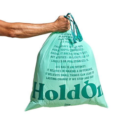 HoldOn 13-Gallon Trash Bags – Plant-based Tall Kitchen Trash Bags with Drawstring Handles for Tall Trash Bins, Heavy-duty and Compostable Large Trash Bags (40 bags)