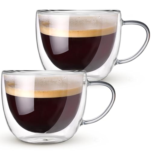 Hlukana Double Walled Glass Coffee Mugs Set of 2, 8 oz Insulated Coffee Mugs with Handle, Clear Coffee Mugs for Cappuccino, Latte, Americano, Tea Bag, Beverage Glasses Heat Resistant Coffee Cups