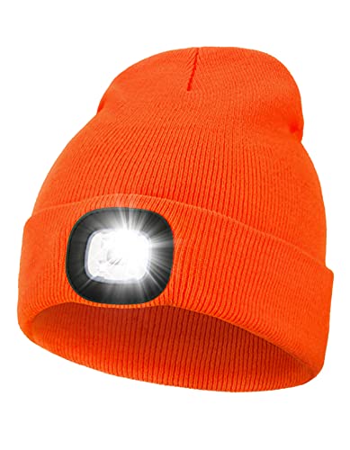 Unisex LED Beanie with Light, USB Rechargeable Hands Free LED Headlamp Hat, Knitted Night Light Beanie Cap Flashlight Hat, Men Gifts for Dad Father Husband (Orange)