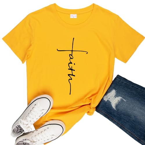Women Cross Faith T-Shirt Printed V-Neck Letter Christian Graphic Cute Tees(O Yellow,M)