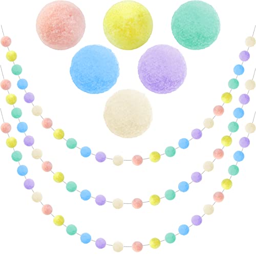 Jishi 3pk Pastel Rainbow Pom Pom Garland Hanging Easter Decorations Indoor Home Decor for Living Room Wall Christmas Tree, Cute Colorful Felt Ball Garland Wedding Baby Shower Birthday Party Supplies