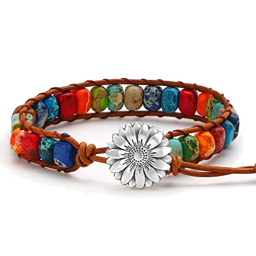 HZDK 7 Chakra Bracelets for Women,Handmade Healing Stone Crystal Boho Bracelet with Tree of Life Button Women Jewelry Gifts (Round Chakra)