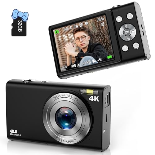 Digital Camera, FHD 4K Autofocus Vlogging Camera 48MP 16X Digital Zoom Digital Camera with 32GB Memory Card YouTube Portable Compact Small Camera for Teens Adult Beginner Kids