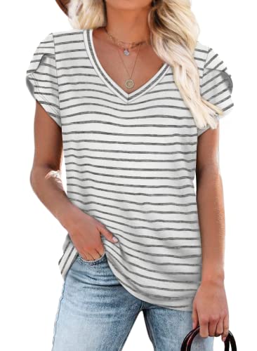 WIHOLL Womens Short Sleeve Tops Summer 2024 Loose Fit Vneck Tshirts Casual Gray Striped XXL