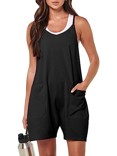 Caracilia Women's Summer Casual Rompers Sleeveless Loose Spaghetti Strap Short Jumpsuits Overalls 2024 Fashion Jumpers Clothes Vacation Cruise Outfits with Pockets Black C94A8-heise-L