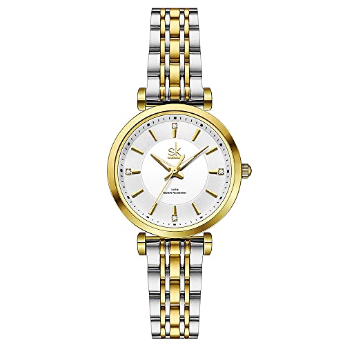 SHENGKE SK Classic Women Watches Fashion Ladies Dress Watch Solid Stainless Steel Band Genuine Leather Strap (Silver-Gold)