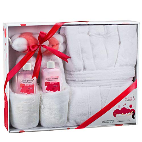 Luxury Home Spa Gift Basket with Pink Peony Scent - Indulgent Ultra Soft Bathrobe & Plush Slipper Spa Box for Women - Complete Bath & Body Set Luxury Body Care Mothers Day Gifts for Mom