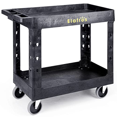 ELAFROS Heavy Duty Plastic Utility Cart 34 x 17 Inch - Work Cart Tub Storage W/Deep Shelves and Full Swivel Wheels Safely Holds up to 550 lbs - 2 Tier Service Cart for Warehouse,Garage, Cleaning