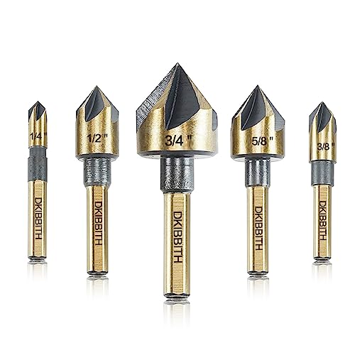 Countersink Drill Bit Set, 5 Pieces High Speed Steel 82 Degree 5 Flute 6mm Round Shank Mill Cutter Bit Countersink in Sizes 1/4” 3/8” 1/2” 5/8” 3/4” Set with Carrying Case