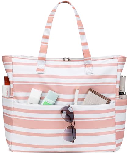 LEDAOU Beach Bag Waterproof Sandproof Women Tote Bag Pool Bag with Zipper for Gym Grocery Travel with Wet Pocket (Pink White Stripes)