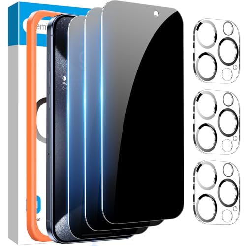 Fotbor Privacy Screen Protector & Camera Lens Protector for iPhone 15 Pro Max - Anti Spy Tempered Glass Kit with Easy Installation for 6.7 Inch Screen
