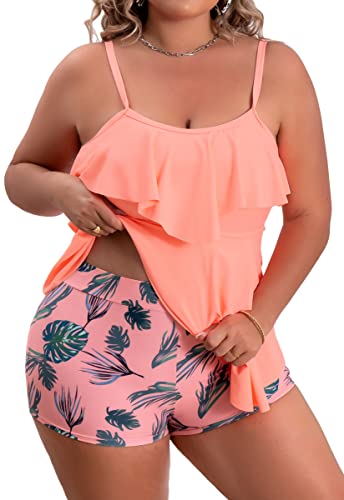 B2prity Women Plus Size Tankini Swimsuits Tummy Control 2 Piece Bathing Suit Ruffled Flounce Swimwear with Shorts Peach