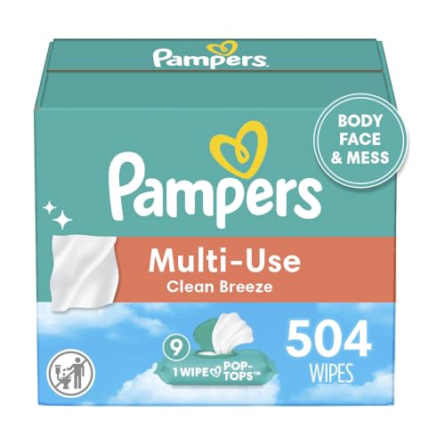 Pampers Multi Use Baby Wipes, Clean Breeze, Body, Face & Mess Wipes, 9 Flip-Top Packs (504 Wipes Total)