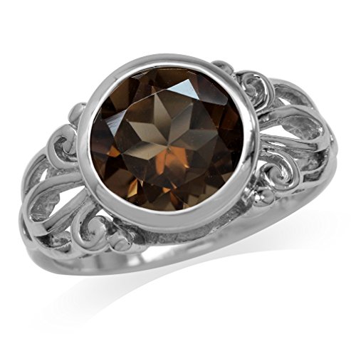 Silvershake 3.34ct. 10mm Natural Round Shape Smoky Quartz White Gold Plated 925 Sterling Silver Filigree Ring Size 8