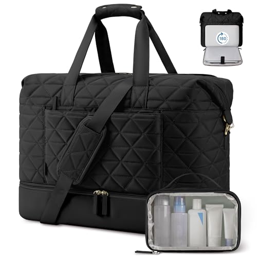 ETRONIK Weekender Bag for Women with 17 inch Laptop Compartment, 44L Travel Duffle Bag with Shoe Compartment & Wet Pocket, Carry on Overnight Bag with Toiletry Bag for Travel, Hospital, Sports, Black