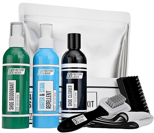 FACTORY LACED Shoe Cleaning Kit for Sneakers - Sneaker Cleaning Kit Includes - 8oz Sneaker Cleaner, Shoe Deodorizer, Water & Stain Repellent Spray- Safe on Suede, Leather, Nubuck & More