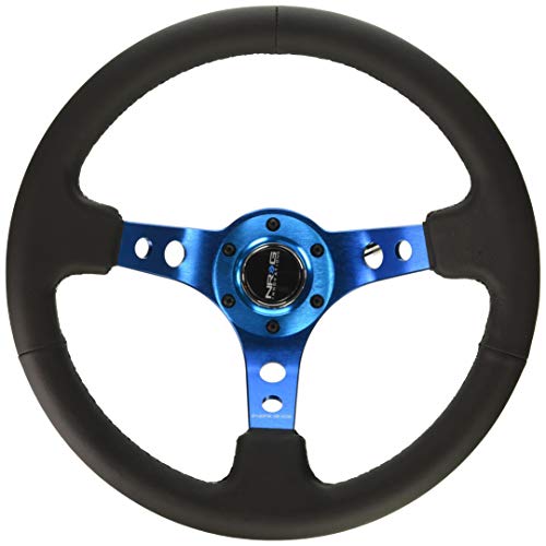 NRG Innovations NRG-RST-006BL Reinforced Steering Wheel - 350mm Sport Steering Wheel (3' Deep) - Blue Spoke w/Round holes/Black Leather