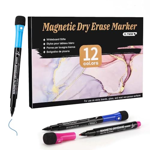 EEOYU Ultra Fine Tip Magnetic Dry Erase Markers, 12 Count Colorful Fine Point 0.7mm, Whiteboard Markers with Erasers Cap for School, Office and Home (12 Color)