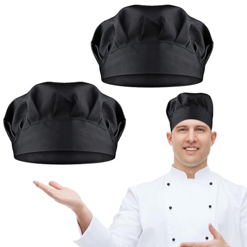 TIESOME 2PCS Chef Hat Adjustable Elastic Baker Kitchen Cooking Chef Cap, Reusable and Washable Durable Pure Cotton Cook Cap Kitchen Grill BBQ Cooking Cap for Kitchen Restaurants Culinary Schools Black