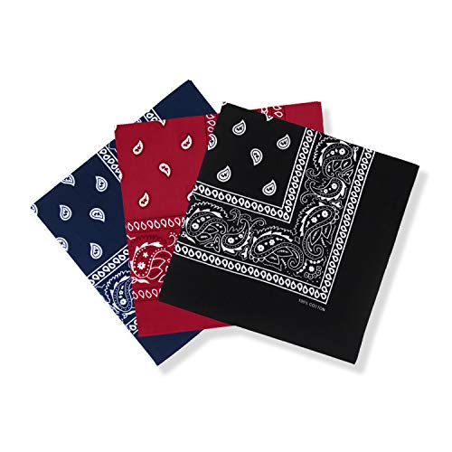 cocopuss 22'X22' Cotton Bandanas for Men & Women Pasiley Cowboy Bandana Handkerchiefs for Hair (3pcs Navy/Red/Black)