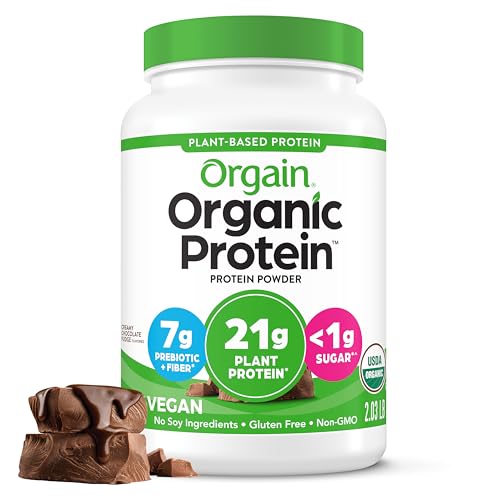 Orgain Organic Vegan Protein Powder, Creamy Chocolate Fudge - 21g Plant Protein, 6g Prebiotic Fiber, Low Net Carb, No Lactose Ingredients, No Added Sugar, Non-GMO, For Shakes & Smoothies, 2.03 lb