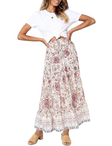 MEROKEETY Women's Boho Floral Print Elastic High Waist Pleated A Line Maxi Skirt White