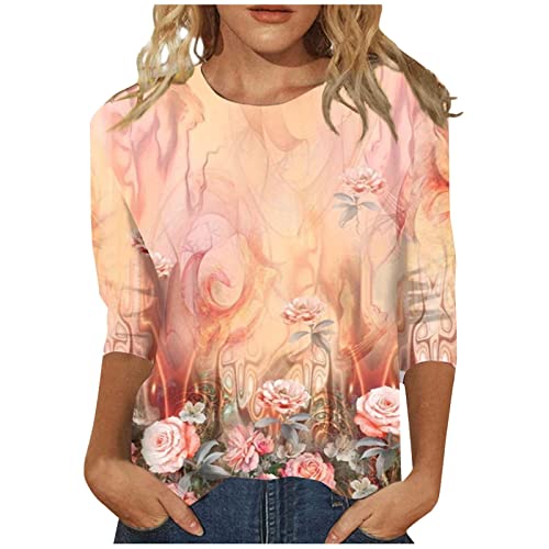 My Orders Plus Size Tops for Women Floral Graphic Basic Tees 3/4 Length Sleeve Womens Tops Dressy Casual Fashion 2024 Going Out Blouses Hawaiian Shirts y2k Cruise Outfits Tunic(5d-Pink,Small)