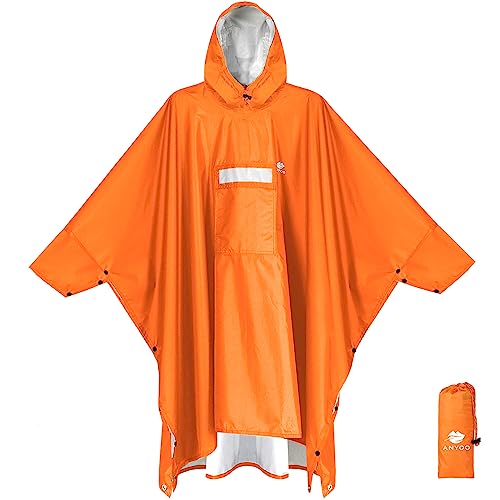 Anyoo Waterproof Rain Poncho Lightweight Reusable Hiking Hooded Coat Jacket for Outdoor Activities(Dark Orange)