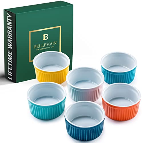 Bellemain Fluted Porcelain 6 oz Ramekins | Baking Dishes Set, Mini Pie Pans, Small Food Bowl, Mini Dessert Bowls, Ceramic Baking Cups | Souffle Dishes for Oven Safe to 500F, Set of 6 (Multi)