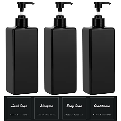Suream Shampoo and Conditioner Dispenser Set, 3Pack 16.9oz Bathroom Countertop Soap Bottle with 4PCS lables, Plastic Refillable Dispenser with Pump for Kitchen, Office, Travel, Resturant, Black