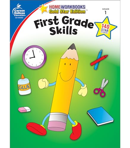 Carson Dellosa First Grade Skills Workbook―Grade 1 Reading, Addition, Subtraction, Graphing, Measuring, Phonics, Writing Skills Practice With Stickers (64 pgs) (Volume 4) (Home Workbooks)