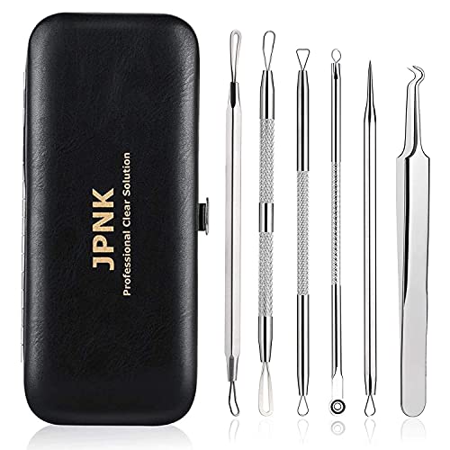 JPNK Blackhead Remover Tool Comedones Extractor Acne Removal Kit for Blemish, Whitehead Popping, 6 Pcs Zit Removing for Nose Face Tools with a Leather Bag
