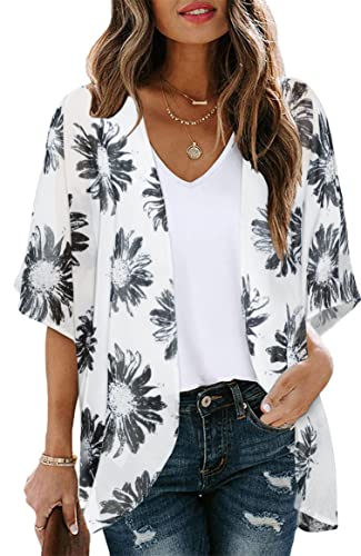 Women Daisy Kimono Cardigan Sheer Beach Coverup Chiffon Loose Casual Open Front Tops (Dasiy WhiteXL)