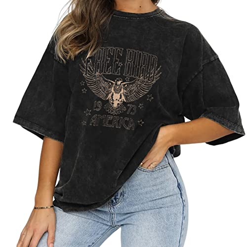 Women Vintage Rock Band T-Shirt America Free Bird Eagle Graphic Bleached Tee Rock Lovers Shirt Casual Short Sleeve Top(Charcoal Black-55, L)
