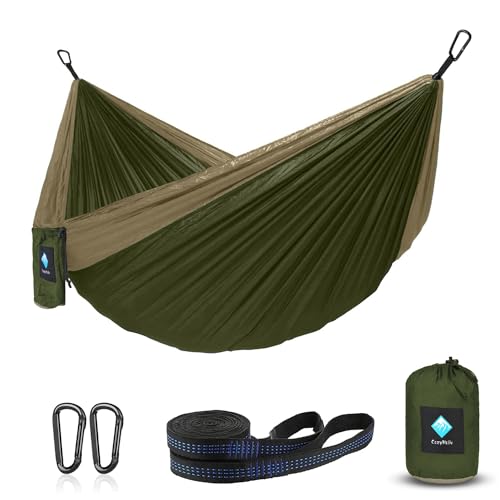Hammock Camping, Portable Single/Double Hammocks for Outdoor Hiking Travel Backpacking - 210D Nylon Hammock Swing for Backyard & Garden (Green/Khaki)