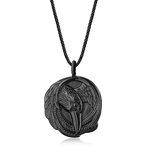 COAI Men's Viking Jewelry Raven Black Obsidian Necklace Adjustable Nylon Cord