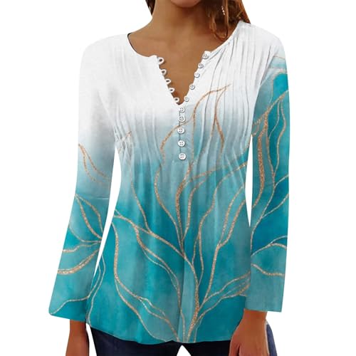 SHAOBGE Fall Tops for Women 2024 Trendy Casual Boho Floral Loung Tunic Shirts Long Sleeve Button V Neck Casual Loose Blouse,Sky Blue,3X-Large,My Orders, Today 2024