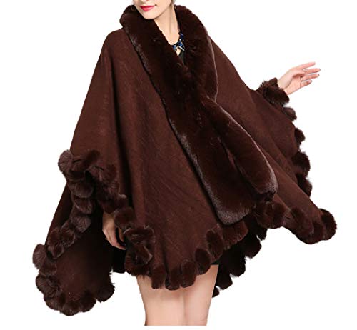 Tngan Faux Fox Fur Trim Cardigan Cloak Shawl Wraps Winter Poncho Oversized Cape Coffee