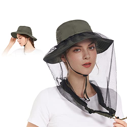 Mosquito Net Hat - Foldable Sun Protection Bug Safari Hat with Invisible Mesh for Men and Women ArmyGreen