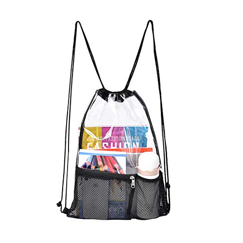 MAY TREE Clear Drawstring Bag for Women and Men, Clear Drawstring Backpack for Concert Sport Festival Travel Work, Clear Backpack Stadium Approved with 2 Front Pockets - Black